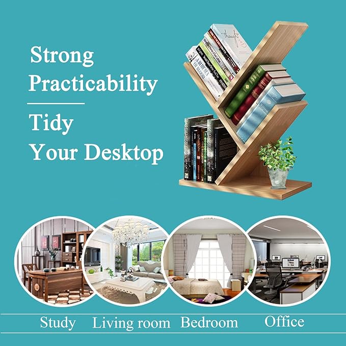 VOVCIG Tree Bookshelf 3 Shelf Desktop Organizer Y Shaped Office Storage Rack Adjustable Wood Display Shelf Small Bookshelf for Bedroom Home Office(Light Yellow)