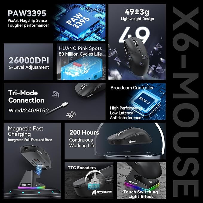 ATTACK SHARK X6 Lightweight Wireless Gaming Mouse with RGB Backlight Charging Base,Tri-Mode Wired/2.4GHz/BT5.2,26K DPI, PAW3395 Optical Sensor,HUANO Switch,5programmable Buttons,PC/Mac(Black)