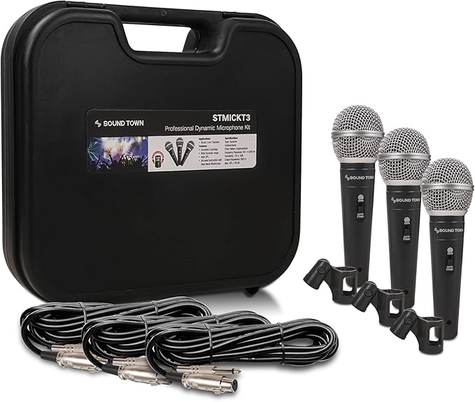 Sound Town 3-piece Professional Handheld Dynamic Microphone Kit with Carry Case, Mic Clips, 26ft XLR to 1/4" Audio Cables (STMICKT3)