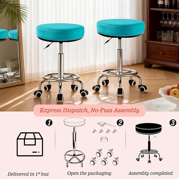 Heavy Duty Round Rolling Stool 500lb, PU Leather 360-degree Support Full-Edge Cover Layer Drafting Chair with Wheels, Height Adjustable Swivel Stool with Footrest, 5-min Easy Assembly (Blue)