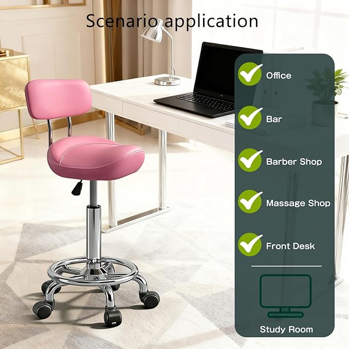 Saddle Stool with Back and Ring Pedal, Adjustable Hydraulic Rolling Chair with Wheels for Salon, Spa, Medical, Massage & Drafting Use Pink