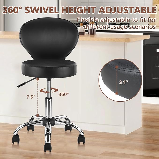 KLASIKA Set of 4 PVC Faux Leather Rolling Swivel Salon Stool Chair with Wheel Back Lumbar Support Seat Height 22 in Diameter 15 Inch Adjustable Hydraulic Chair for Office Massage Facial Spa 4 Pack