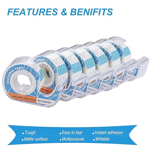 WOSWEL Tape Refills with Dispenser, 24 Roll Invisible Tapes, 3/4 Inch X 600 in, Gift Wrapping Tapes Supplier for Valentine's Day Home School Office Use