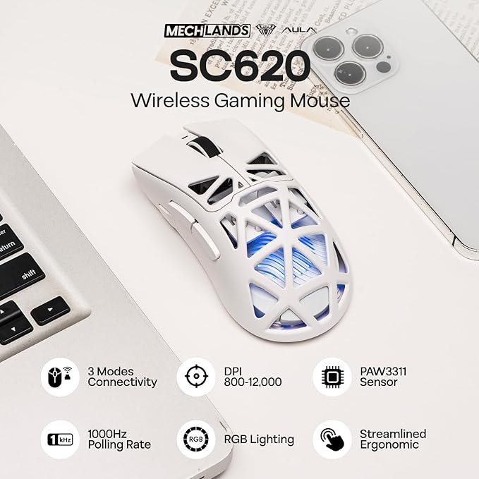 MechLands Aula SC620 Gaming Mouse, 2.4G/USB-C/BT Wireless Mouse with 400mAh Battery, Adjustable 12,000 DPI & 1000 Polling Rate, PAW3311 Sensor, RGB Lighting, Programmable Buttons, for Win/Mac (White)