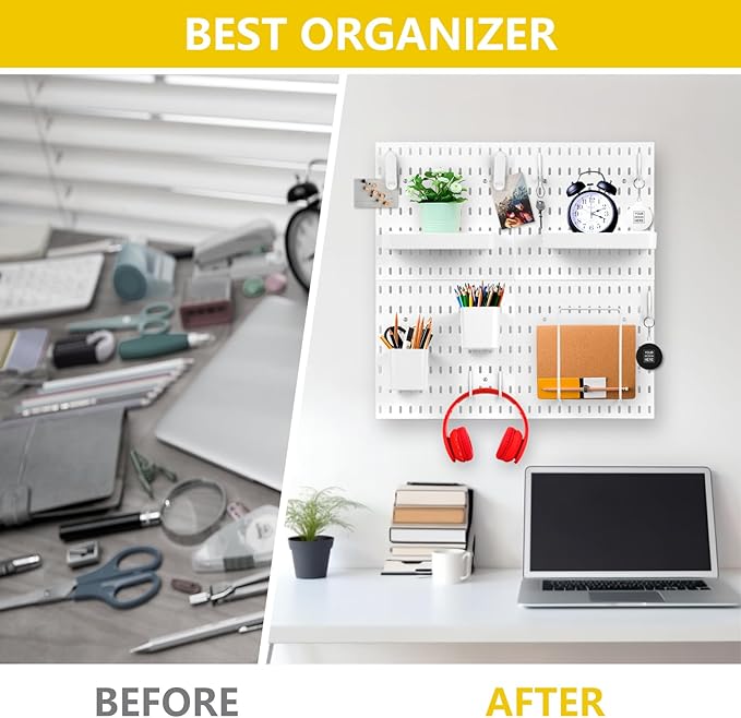 Peg Board, Pegboard Combination kit, 4 Pegboards and 12 Accessories Modular Hanging for Wall Organizer,Suitable for Wall Storage,Crafts Organization,Decorative Display,11''x11'' Each