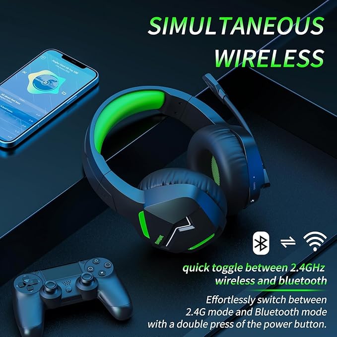 BINNUNE Wireless Gaming Headset for PS5 PC, 120H Ultra-Long Battery, 2.4GHz & Bluetooth 5.3 Wireless Gaming Headphones, PS5 Hadset Wireless with Mic, 50mm Drivers, Comfort Over Ear Headphones,Green