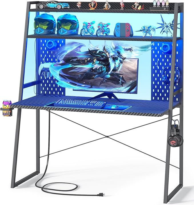 Besiost Small Gaming Desk with Hutch and LED Lights, Gaming Computer Desk with Power Outlets, Gamer Desk with Storage Shelves, Game Desks with Pegboards for Bedroom Small Spaces, Black, 43"