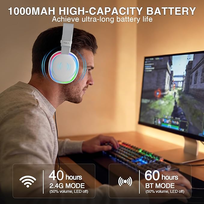 AULA G7 Wireless Gaming Headset with Detachable Noise Canceling Mic, 40mm Driver, BT5.3 Gaming Headphones with RGB Light, 10ms Latency, 60Hr Battery, PC Gaming Headset for PS5,PS4, Switch,Xbox,PC