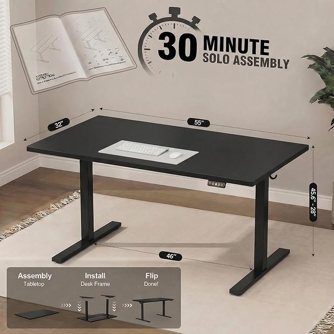 Grandder 55x32 Large Electric Standing Desk, Height Adjustable Computer Desk with 2 Memory Presets, 31.5" Deep Desktop Sit Stand Desk Home Office Desk Workstation Table with Hooks, Black