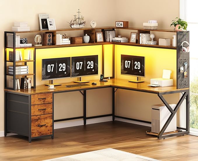 SEDETA L Shaped Desk with Hutch and 3 Drawers, Convertible 94.5" Computer Desk with File Drawer, L Shaped Office Desk with Power Outlet, LED Lights, Storage and Pegboard for Home Office, Brown