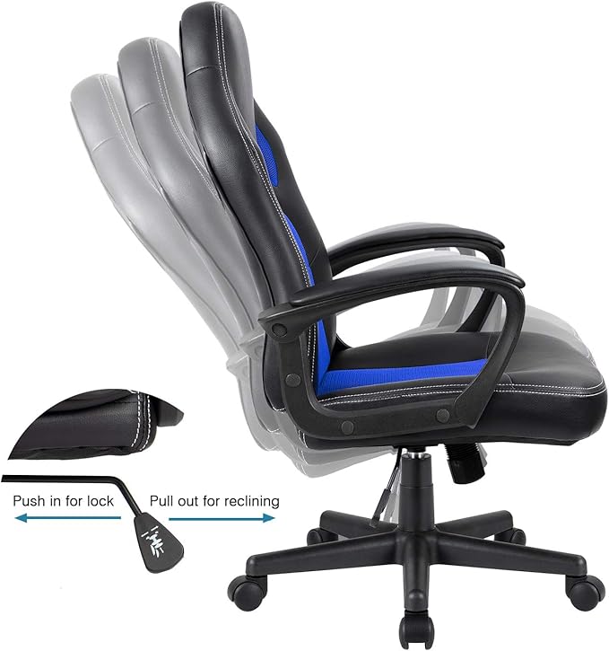 Furmax Blue Leather Office Chair with Adjustable Swivel Base, Padded Armrests and Lumbar Support