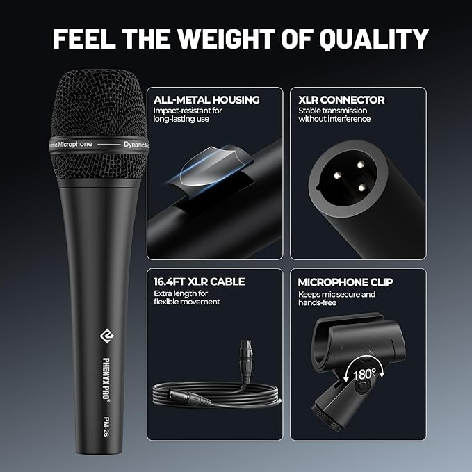 Phenyx Pro Vocal Microphone, Supercardioid Dynamic Mic with 16.4 ft XLR Cable, Mic Clip, Storage Bag, Wired Handheld Microphone for Singing, Stage, Studio, Karaoke (PM-26)