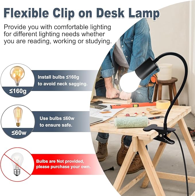 E26/E27 Clip-On Bulb Holder With 7.2Ft Switch Cable - Flexible Desk Lamp With Metal Clip, 9MM&35CM Thickened Lengthened Gooseneck Clamp Light Socket for Bedside Table
