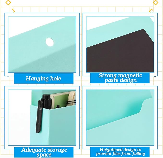 Gilprop 8 Pack Magnetic File Paper Holder High Design Pocket Magnetic Wall File Organizer Hanging Refrigerator Magazine Mail Letters Paper Holder for Teacher Office Supplies(Mint Green,Classic)