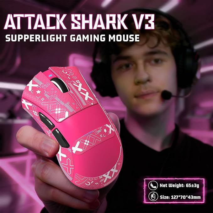 ATTACK SHARK V3 Ultra-Light Wireless Gaming Mouse,PAW3311 Sensor, 500mAh, 62g, 25KDPI 2.4G/BT/USB-C Rechargeable Wireless Mouse with 5 Programmable Buttons for Laptop,PC,Mac Gamer (Berry Red Griptape)