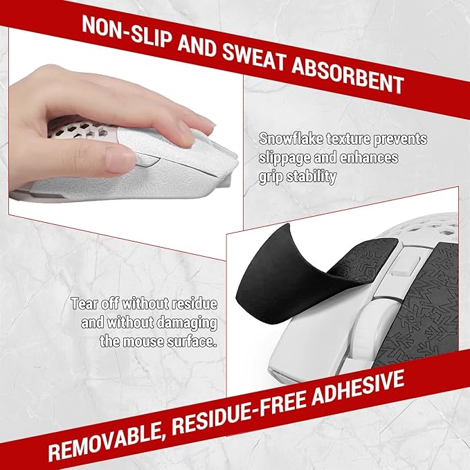 BOROLA DIY Adhesive Universal Mouse Anti-Slip Snowflake Grip Tape, Cut Sweat-Absorbing Ultra-Thin 0.3mm Non-Slip Gaming Mice Skins Stickers for Any Brand(2PCS Black+White, 12x11.5cm/4.7x4.5in)