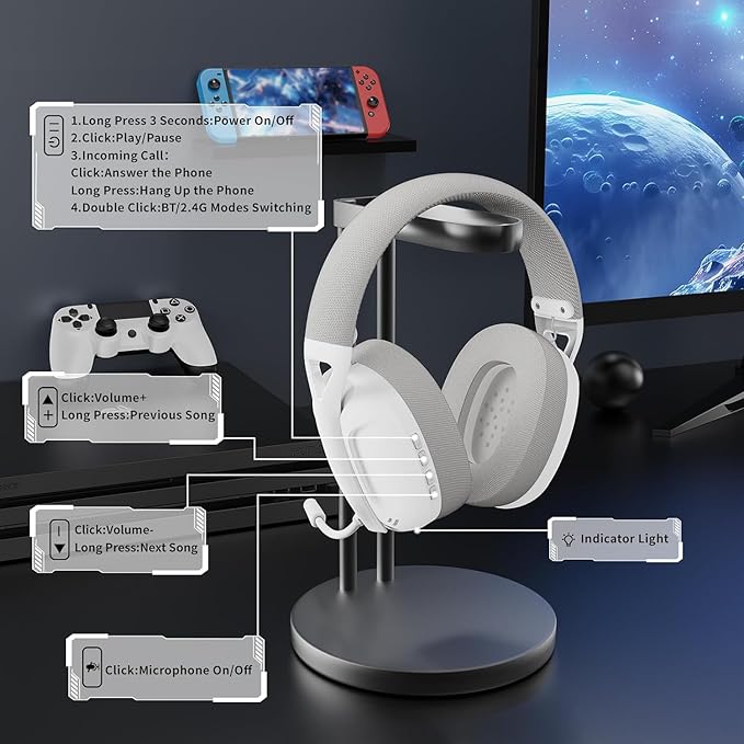 ZIYOU LANG L80 Wireless Gaming Headset Ultralight Over Ear with 2.4Ghz USB C&A Dongle/Bluetooth 5.3/3.5mm Wired Detachable Mic Stereo Sound 600mAh Battery for PC Mac PS4 PS5 Switch Win Gamer(White)