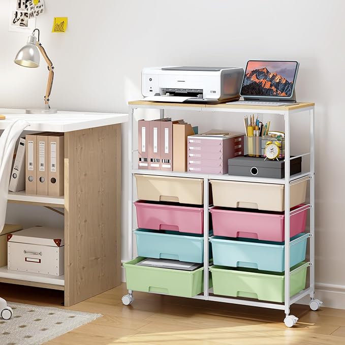 Rolling cart with 8 drawers,Storage drawer cart with wooden tabletop,Lockable wheels organizer for homeschool, arts & crafts, classroom, office & creative spaces (Colorful)