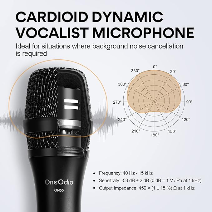 OneOdio ON55 Wired Microphone for Singing - Mic Clips, Metal Female, ON/Off Switch, 16.4ft XLR Cable - Condenser Dynamic Mic for Karaoke Machine, AMP, Speaker, Parties