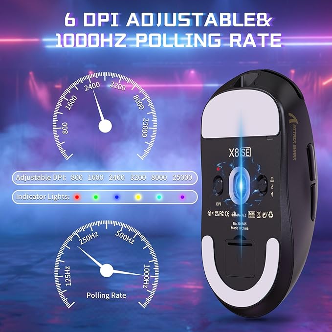 ATTACK SHARK X8SE Wireless Gaming Mouse,Adjustable 25K DPI PAW3311 Optical Sensor,Ergonomic 59g Lightweight,Triple Modes 2.4G/BT/USB-C Wired,500mAH Battery,5 Programmable Buttons for PC/Mac-Black
