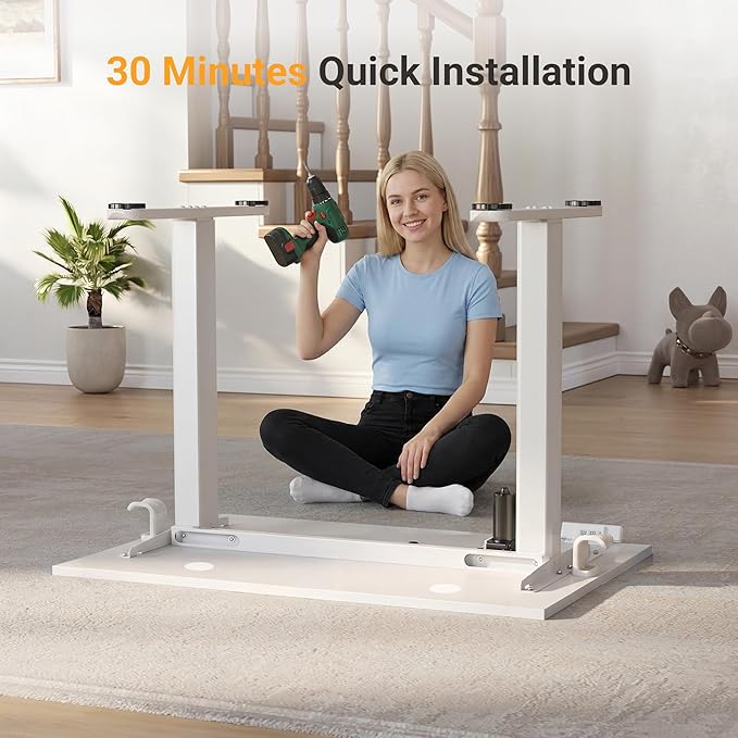 YDN Electric Standing Desk Adjustable Height, 40 x 24 Inches Stand up Desk with Cable Management, Home Office Desks with Splice Board & White Frame, White Top