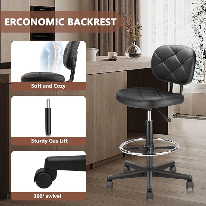 KLASIKA PU Leather Rolling Stool with Foot Rest and Back Support, Adjustable Diamond Upholstered Drafting Chair with Wheels, Multi-Purpose Desk Chair for Home Office Bar Kitchen Shop, Black (1PK)
