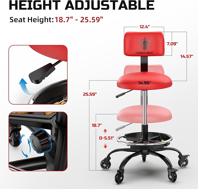 Rolling Shop Stool with Wheels, Garage Mechanic Stool Chair with Backrest, Height Adjustable Heavy Duty Swivel Task Chair, Adjustable Footrest with Storage Tray for Garage Kitchen Salon Tattoo (Red)