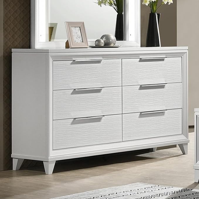 GOWE 1pc Modern Contemporary Transitional White Textured Finish 6-Drawer Storage Dresser Wooden Solid Wood Bedroom Living Room Home Furniture Modern Style White Color Six Storage Drawers