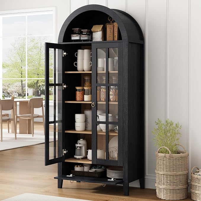 70" Tall Arched Cabinet, Modern Farmhouse Wooden Display Cabinet with Glass Doors, 6 Tier Bookshelf with Adjustable Shelves for Living Room, Office, Black