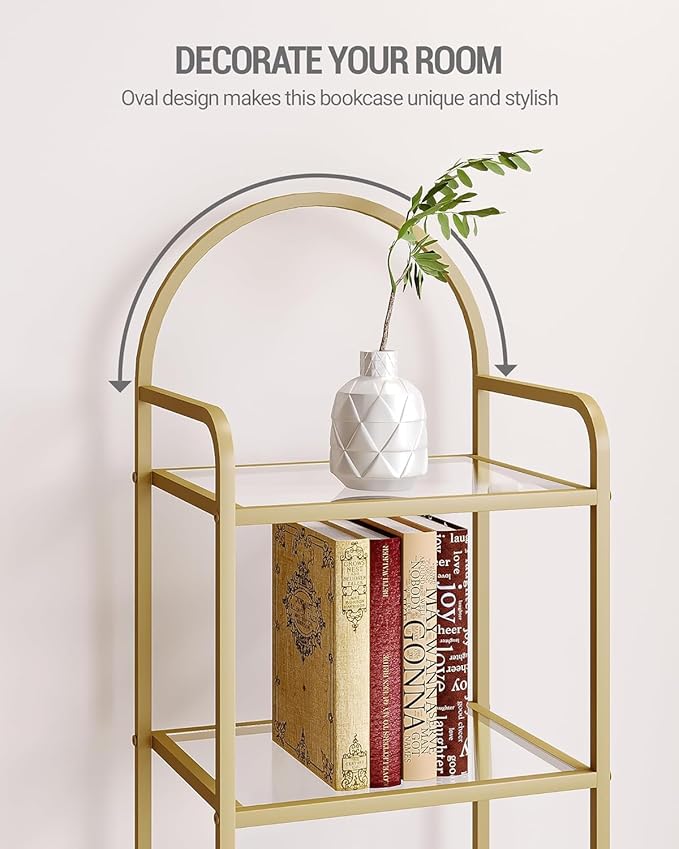 Hzuaneri Bookcase Bookshelf, Tempered Glass Bookshelves, Slim Shelving Unit for Bedroom, Bathroom, Home Office, Steel Frame, 5 Tier Gold BC05001G