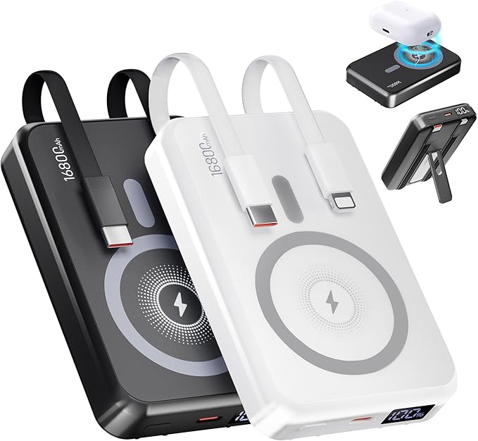 2-Pack 16800mAh Magnetic Power Bank, 22.5W PD & 15W Wireless Fast Charging Portable Charger with Built-in Cables, Foldable Stand for MagSafe Battery Pack, Compatible with iPhone 12-17/Android Series