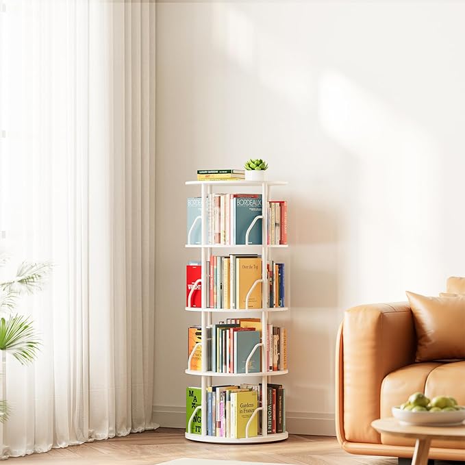 SpaceAid 4 Tier Rotating Bookshelf Tower, 360 Display Stackable Spinning Bookcase, Space Saving Revolving Round Book Shelf, Floor Standing Swivel Corner Organizer, White