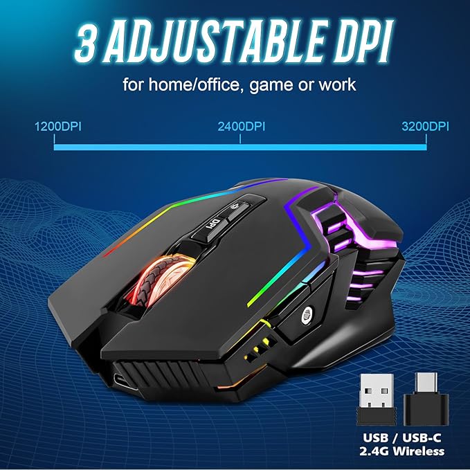 CHONCHOW Wireless Gaming Mouse for PC, RGB Backlit, 12 Light Modes, 2.4G Receiver/USB-C, Up to 3200 DPI, Rechargeable Wireless Computer Mice with 58inch Charge Cable for Laptop/Windows/PS4 Gamer-Black