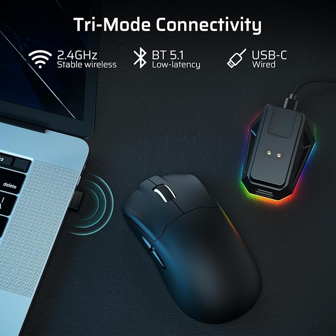 LTC GM022 Ultralight 3-Mode Wireless Gaming Mouse with RGB Charging Dock, PAW3395 26K DPI Sensor, 55G Lightweight Ergonomic Bluetooth Gaming Mouse, 5 Programmable Buttons, 80 Million Click Switch