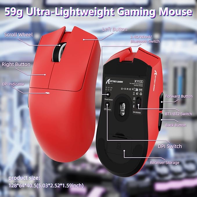MAMBASNAKE Attack Shark X11SE Lightweight Wireless Gaming Mouse, Tri-Mode 2.4G/USB-C Wired/BT, 22K DPI, PAW3311 Optical Sensor, 59g, 5 Programmable Buttons, 300mAh Battery for PC/Mac(Red)