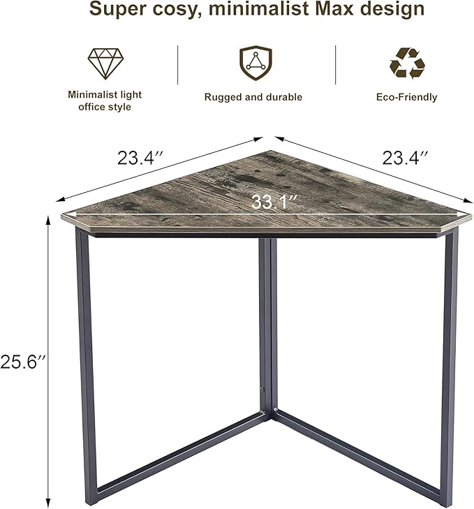 VECELO Corner Desk,Office Tables for Living Room for Small Space Triangle Computer Desk with Steel Frame Corner Shelves with Metal Frame Writing Desk for Workstation Classic Grey 33.1" 2 Set