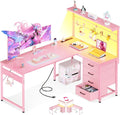 MOTPK 51” Large L Shaped Gaming Desk, Corner Computer Table with Shelf & Hutch, 4 Drawers, Reversible Study Desk with LED Light, Power Outlets & USB Ports, Home Office Table, Carbon Fiber Pink
