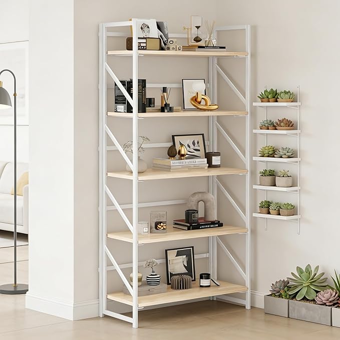 JSB No Assembly Folding Bookshelf, 5 Tier Industrial Metal Book Shelf for Storage, Vintage Wood Foldable Bookcase for Living Room, Bedroom, Office Organization Shelves