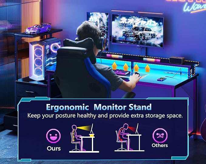 AODK 52 Inch Gaming Desk with USB Charging Ports & LED Light- Reversible Computer Desk with Storage Shelves & Monitor Stand, Modern Gamer Desk Table with Fabric Drawers, Black