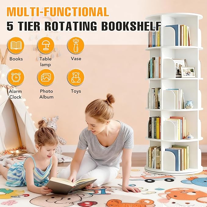 RUNSUNSPRI 5 Tier Rotating Bookshelf Tower, Spinning Bookshelf, Revolving 360° Bookcase Storage Round Carousel, Vertical Rotate Turning Spiral Corner Organizer Lazy Susan, White