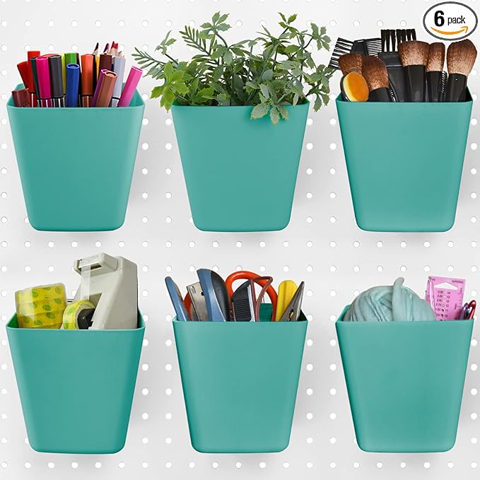 G.CORE Large Pegboard Cups Peg Board Storage Bin 6 Pack with Hooks, Square Box Shape Pegboard Cup Holder Accessories for Garage Workbench/Craft Room/Office/Playroom/Home Kitchen Organization (Green)
