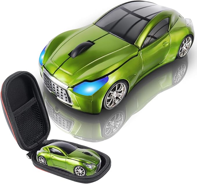 elec Space Wireless Mini Mouse with Case - Cute Sports Car Shape, Lightweight & Portable, 10m Range, Plug and Play (Green)