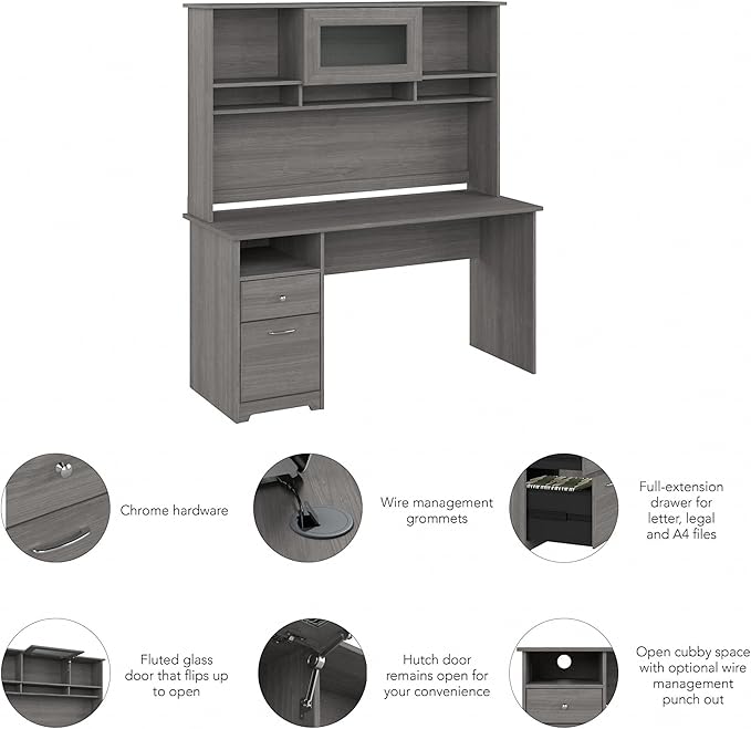 Bush Furniture Cabot 60W Single Pedestal Desk and Hutch, Modern Gray