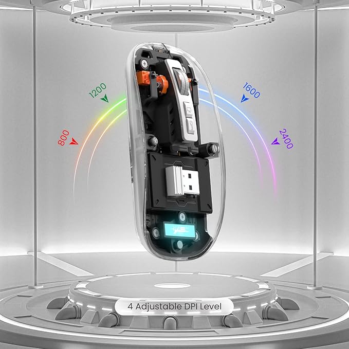 A.JAZZ Wireless Bluetooth5.1&2.4G Mini Lightweight Mouse,Transparent Clear Cool,Rechargeable Silent Computer Mice,Nano USB C Receiver,LED Battery Magic Silm for Office/PC/Mac/Laptop/Apple/ipad(Black)
