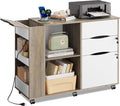 DEVAISE File Cabinet with Lock, 3 Drawer Rolling Mobile Lateral Filing Cabinets with Charging Station Printer Stand with Open Storage Shelves Fits A4 or Letter Size for Home Office Gray White