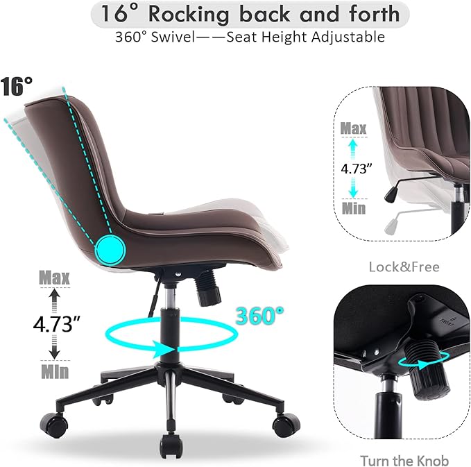 YOUNIKE Brown Ergonomic Home Office Desk Chair with Wheels Comfy Armless Vanity Chair with Back Modern Leather Upholstered Rolling Task Chair Small Cute Computer Drafting Chair Wide Swivel Adjustable