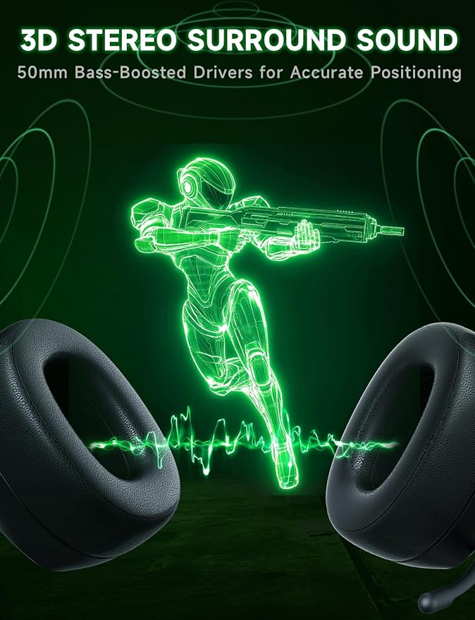 Gvyugke 2.4GHz Wireless Gaming Headsets for PS5, PS4, PC, Switch - Bluetooth 5.3 Gaming Headphones with Noise Canceling Mic, 7.1 Surround Sound, 70H Battery, Blue Lighting - Black Green