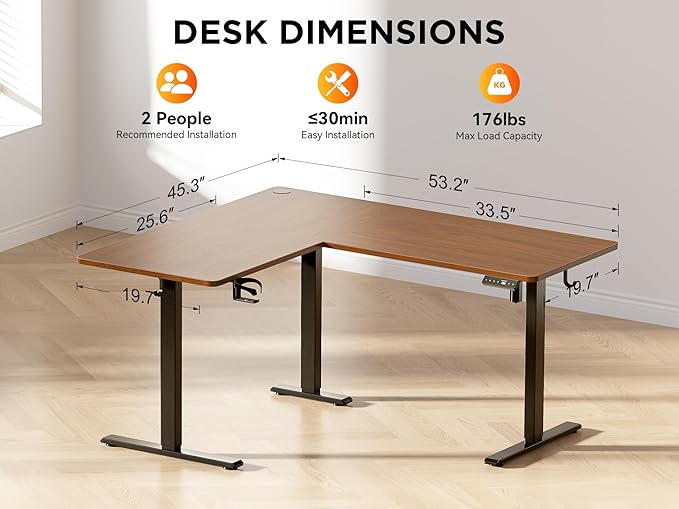WALKINGDESK 55X45 Inches Reversible L Shaped Standing Desk Height Adjustable with Cup Holder, Electric Corner Computer Desk, Sit Stand up Home Office Desk, Ergonomic Gaming Desk, Black Walnut