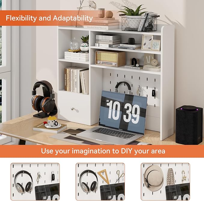 ELECWISH Desktop Bookshelf, Desk Shelf with 2 Drawers for Computer Desk, 36.22" 7-Tier Adjustable Desktop Hutch Organizer with Pegboard for Home Office, Oak