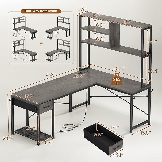 SEDETA L Shaped Gaming Desk, 51.2" Reversible Small Corner Desk with Drawer, Power Outlet & LED Lights, Computer Desk with Storage Shelves for Small Space, Grey